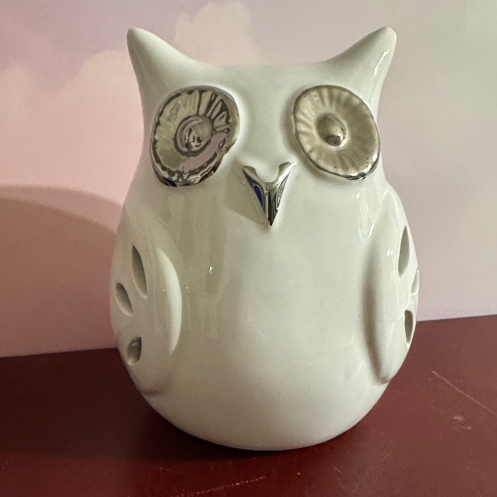Ceramic Owl Figurine in White and Silver - Picture 1 of 8